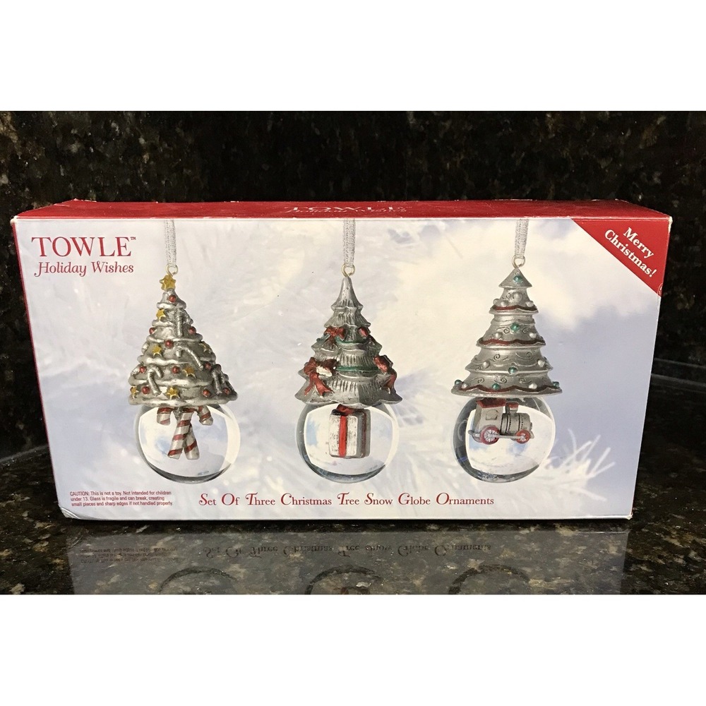 Towle Snow Globe Ornaments Holiday Wishes Set of‎ Three Christmas Tree Pewter